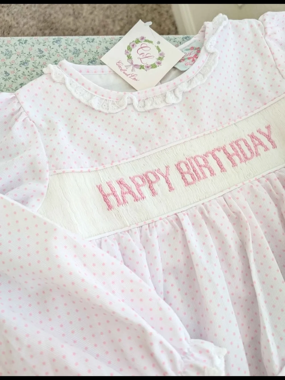 NWT 6T Smocked Pin Dot Happy Birthday Smocked Long Sleeve Dress